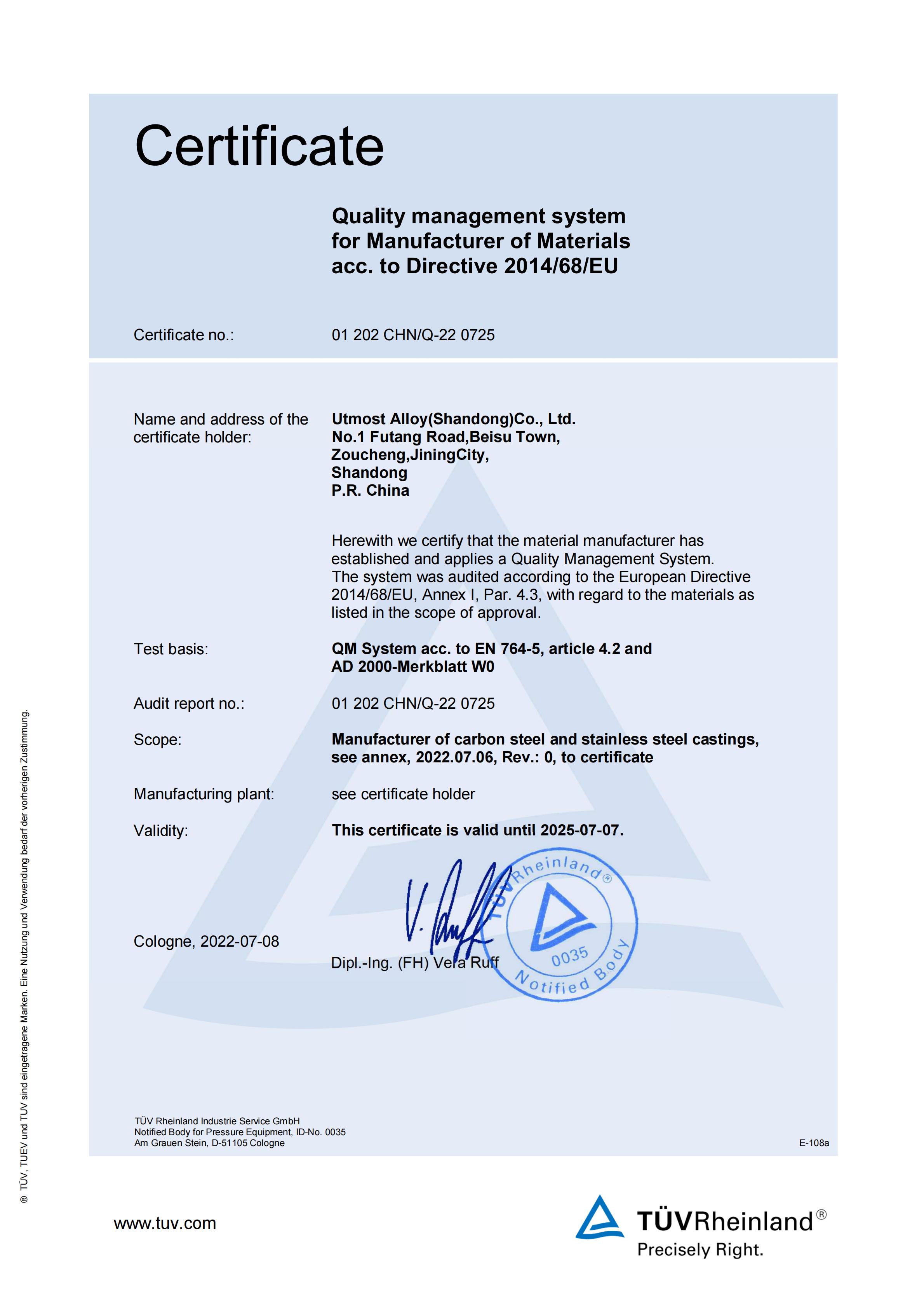 PED certificate EN